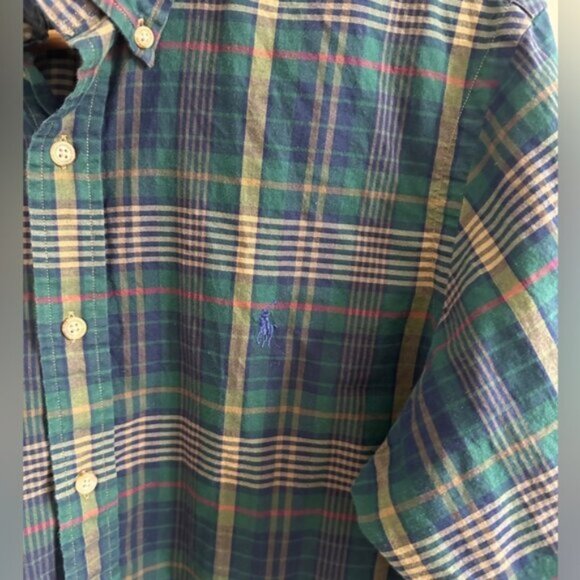 Ralph Lauren Green Plaid Button-Down Shirt  Large Slim Fit Vintage Women Fit - Picture 2 of 4